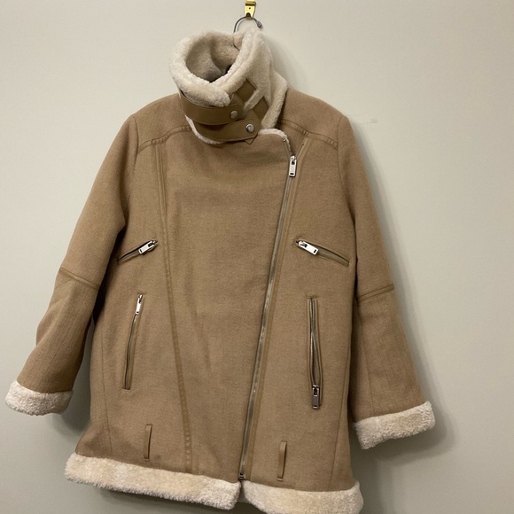 Zara Faux Fur Shearling and Suede Aviator Bomber Jacket Tan Beige Medium - Picture 10 of 13
